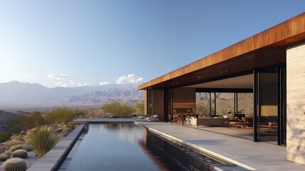 Modern desert retreat with minimalist architecture and stunning views of distant mountains