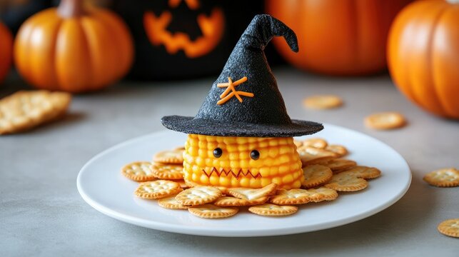 A spooky, witch-hat-shaped Halloween snack made of crackers and cheese, placed on a white plate for a playful holiday appetizer.