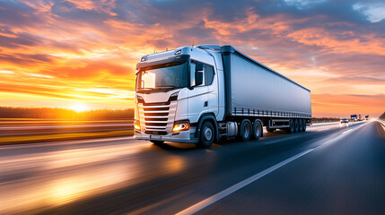 Semi truck transporting goods on highway at sunset