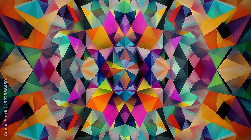 Poster Colorful geometric abstract pattern with vibrant triangles and sharp angles creating a dynamic visual effect.
