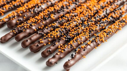 Fototapeta premium A tray of chocolate-covered pretzel sticks decorated with orange and black sprinkles, arranged neatly on a white surface for a festive Halloween treat.