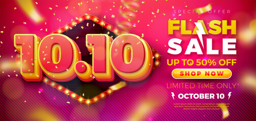 10 October Shopping Day Flash Sale Design with 3d 10.10 Number and Light Bulb Billboard on Falling Confetti Background. Vector Special Offer 50 Percent Off Campaign Discount Illustration for Coupon