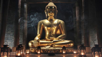 Golden Buddha Statue Illuminated by Lantern Light