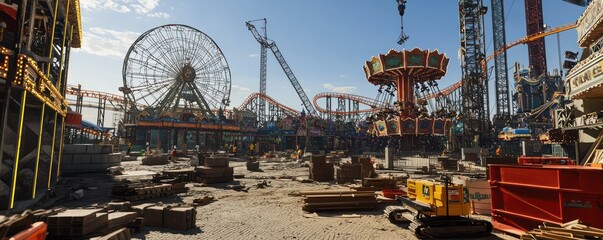 Realistic view of a new theme park under construction, focusing on the assembly of massive rides and themed attractions