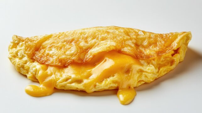 Close-up of a classic omelet with melted cheese oozing out, set on a plain white background, capturing a rich breakfast experience.