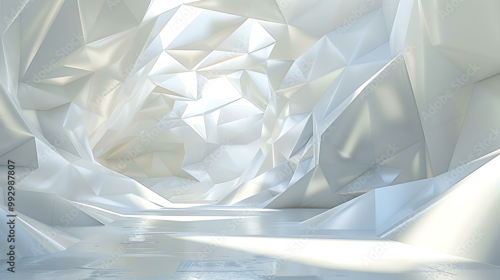 Poster a white futuristic landscape featuring abstract geometric patterns with a subtle metallic texture an