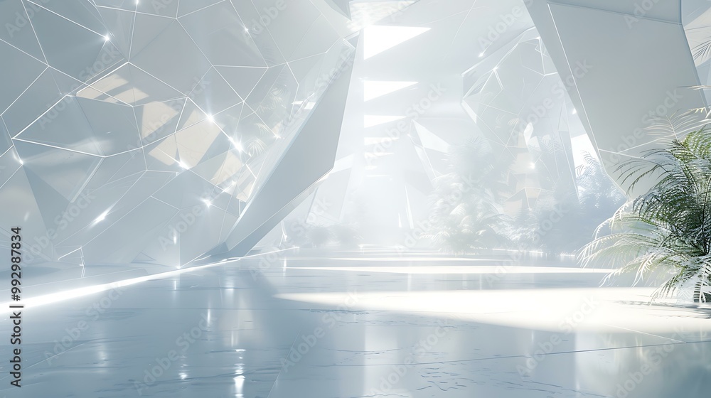 Poster a white futuristic landscape featuring abstract geometric patterns with a subtle metallic texture an
