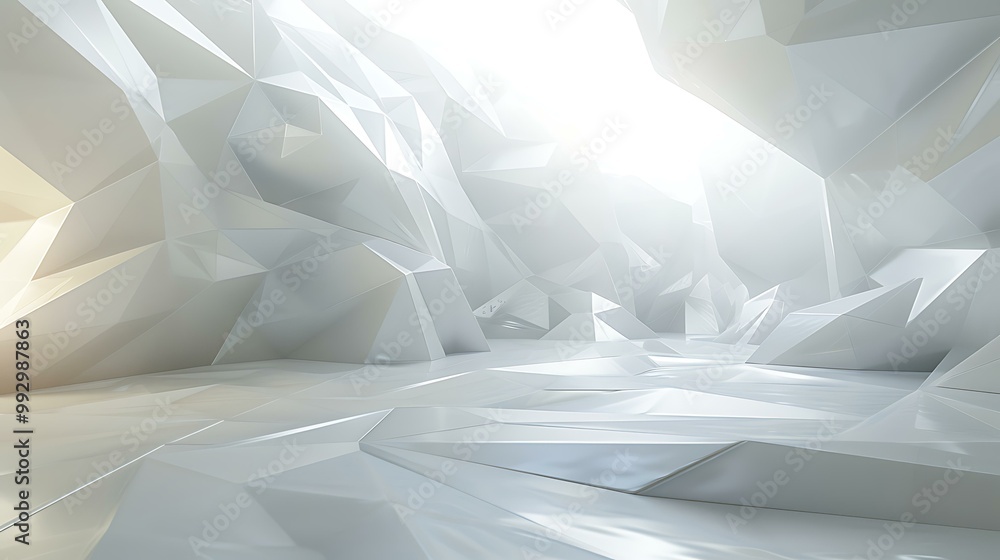Poster a white futuristic landscape featuring abstract geometric patterns with a subtle metallic texture an