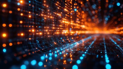 Obraz premium Illuminated fiber optic connections against a tech background, depicting a quantum computing network and global intelligence systems.