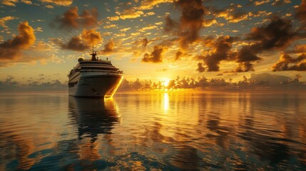 Fototapeta premium Cruise ship at sunrise in the Maldives, golden light reflecting off the calm ocean waters.