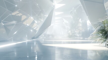 A white futuristic landscape featuring abstract geometric patterns with a subtle metallic texture and soft lighting