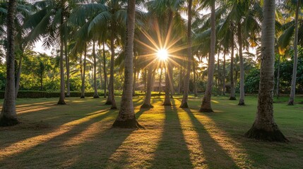 Obraz premium A serene landscape featuring palm trees with sunlight streaming through, creating a tranquil atmosphere.