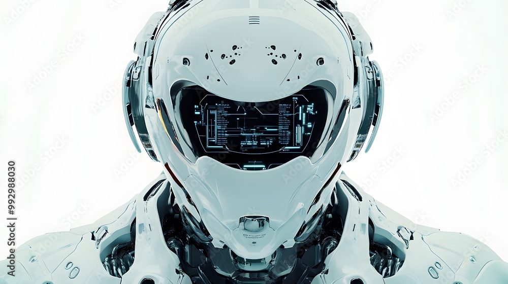 Poster white futuristic robot with hud display