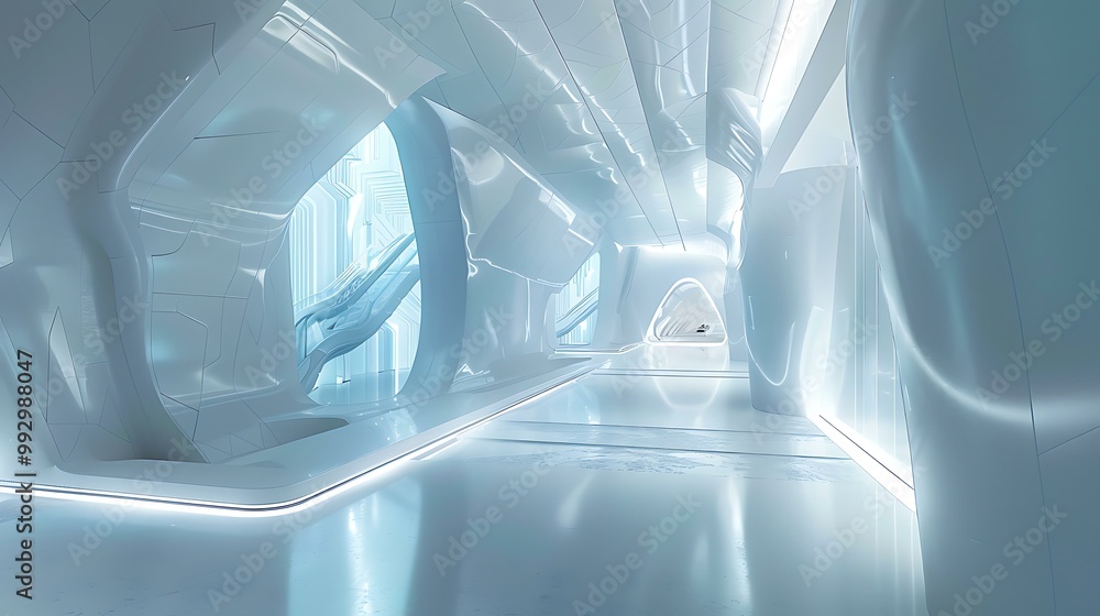Poster clean, white futuristic design with sharp angular elements and smooth gradients to evoke a high-tech