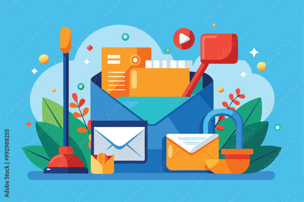 Poster the illustration shows a vibrant workspace with envelopes and tools for an inbox clearing process, c