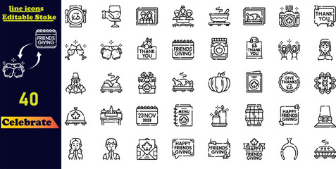 Celebrate stroke icon collection, featuring icons such as a bouquet of flowers, karaoke, DJ, masquerade, and more. Editable outline icon set.