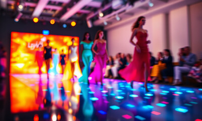 An abstract representation of a fashion runway showcasing blurred silhouettes of models in stunning couture garments