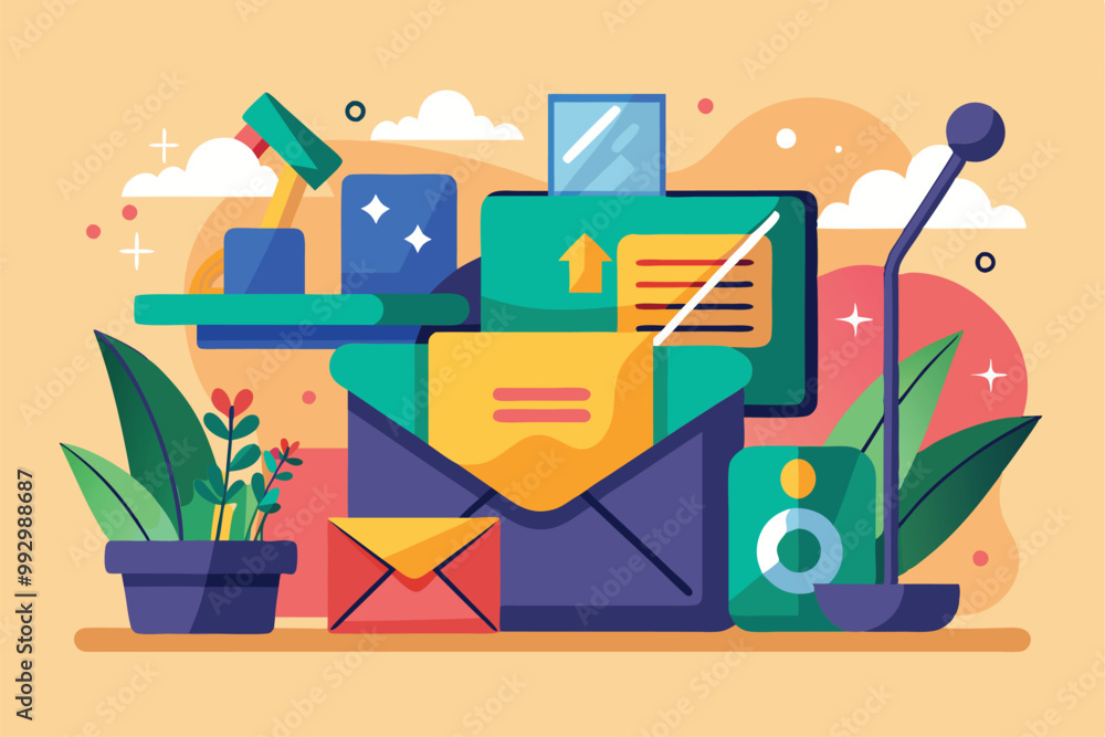 Poster a bright illustration showcasing an organized workspace with various inbox elements and greenery, cu