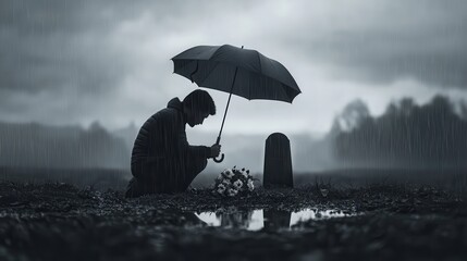 Person kneeling in front of a gravestone in the rain holding an umbrella