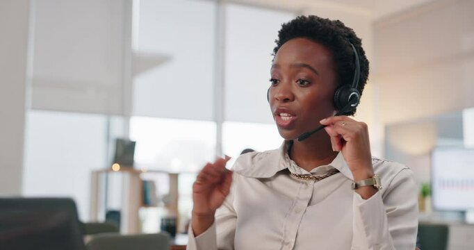 Black woman, laptop and explain on video call in crm for customer service, life cover or funeral policy. Female person, employee and office for technical support in telemarketing with headset