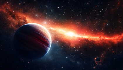a breathtaking image of deep space featuring a vibrant galaxy stretching across the background and a large red planet situated prominently in the foreground