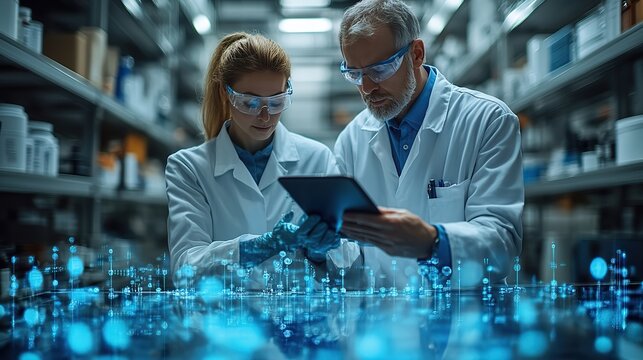 In digitalized production, two industrial engineers use a tablet computer to visualize big data, optimizing the high-tech electronics industry in the era of Industry 4.0 and AI.