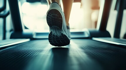 Close-up of running shoes on a treadmill, symbolizing fitness and exercise at the gym