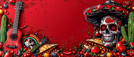 Obraz premium A red background with a skull, guitar, and a hat. The skull is surrounded by a variety of fruits and vegetables, including tomatoes, peppers, and blueberries. Scene is spooky and colorful