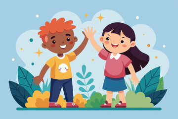 Two happy children greet each other joyfully, surrounded by vibrant plants and playful colors, Customizable Semi Flat Illustration for Kids to high five.