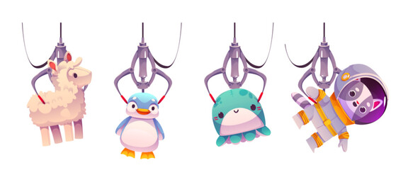 Claw machine toys set isolated on white background. Vector cartoon illustration of cute plush sheep, penguin, kawaii octopus, racoon astronaut caught by grabber, amusement park prizes, nice gifts