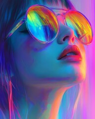 A young woman with vibrant sunglasses against a colorful backdrop in daylight