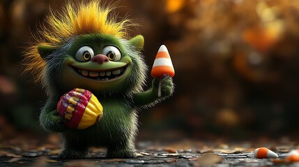 A green troll with neon hair holding a giant candy corn in one hand. The troll's mischievous grin and Halloween-themed accessories make it both playful and spooky.