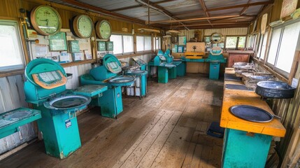A vintage control room with weighing scales and measuring devices for industrial use.