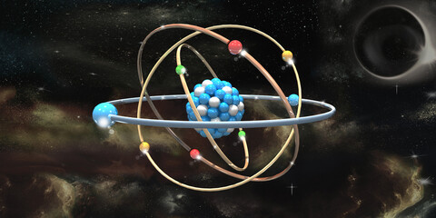 Atom mit kreisenden Molekülen im Universum mit schwarzen Loch und leuchtenden Sternen und Sternenhaufen, 3d-Illustration © i-picture
