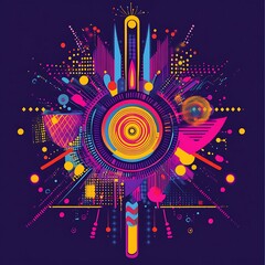 Obraz premium Colorful abstract design with a circular pattern in the center, surrounded by geometric shapes and lines on a dark background.