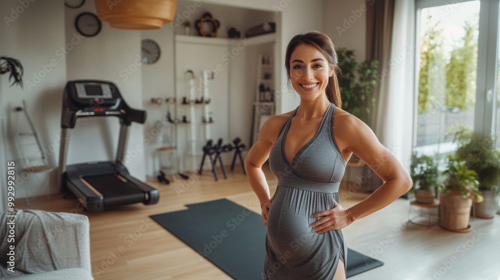 Wall mural smiling pregnant woman in fitness dress in home gym