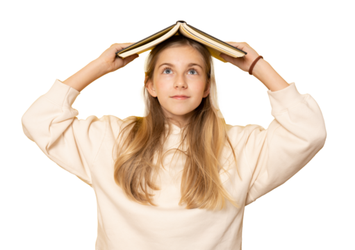 Beautiful girl with a book on her head isolated over transparent background. Education concept.
