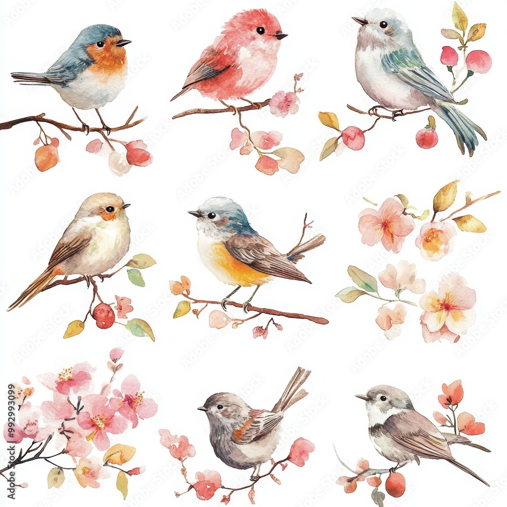 Poster Watercolor Birds on Branch.