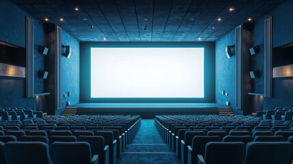 Fototapeta premium Empty cinema auditorium in blue color with white blank screen. Mockup of hall