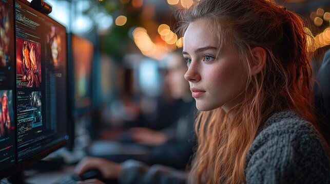 Women game developers sit in a startup production company, creating game interfaces and developing graphics for modern video games on PC displays.