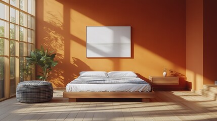 Cozy bedroom with warm tones and natural light.