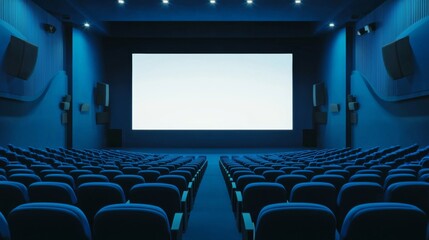 Empty cinema auditorium in blue color with white blank screen. Mockup of hall