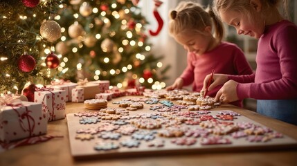 Fototapeta premium Children decorating cookies near a lit Christmas tree, puzzles spread out on the table, joyful smiles, festive decorations surrounding the cozy scene