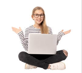 Smiling beautiful young girl wearing glasses sitting on floor using computer isolated over transparent background. Technology concept.