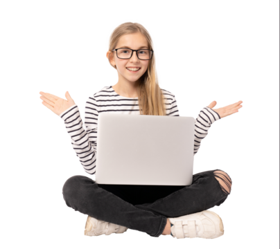 Smiling beautiful young girl wearing glasses sitting on floor using computer isolated over transparent background. Technology concept. - Powered by Adobe