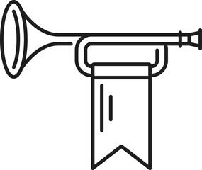 Medieval herald trumpet with hanging banner line heraldry icon. Black and white vector sign of a horn used in ceremonial or festive events. Historical instrument symbolize announcement and celebration