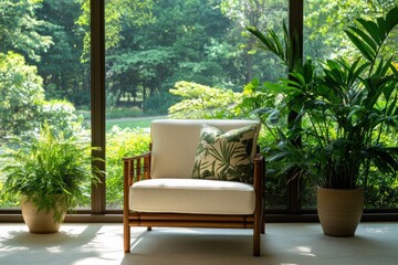 A cozy chair amidst lush greenery, bathed in natural light, creating a serene indoor aesthetic.