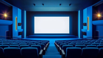 Obraz premium Empty cinema auditorium in blue color with white blank screen. Mockup of hall