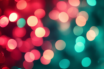 Fototapeta premium Blurred, defocused background with Christmas lights. Abstract bokeh of colorful light, bright red and green colors