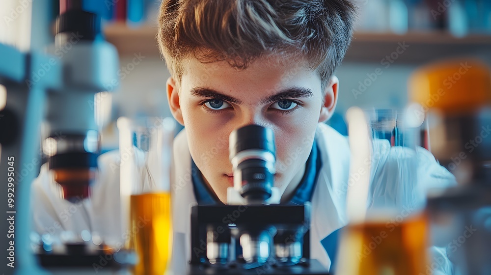 Poster a young scientist using a microscope in a laboratory setting